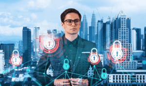 man standing posing with virtual locks in front of him