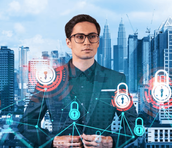 man standing posing with virtual locks in front of him